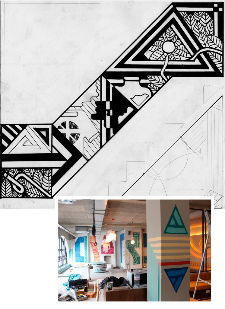 Mural is progress and sketch for Wahaca Kentish Town. Artist: Goodchild